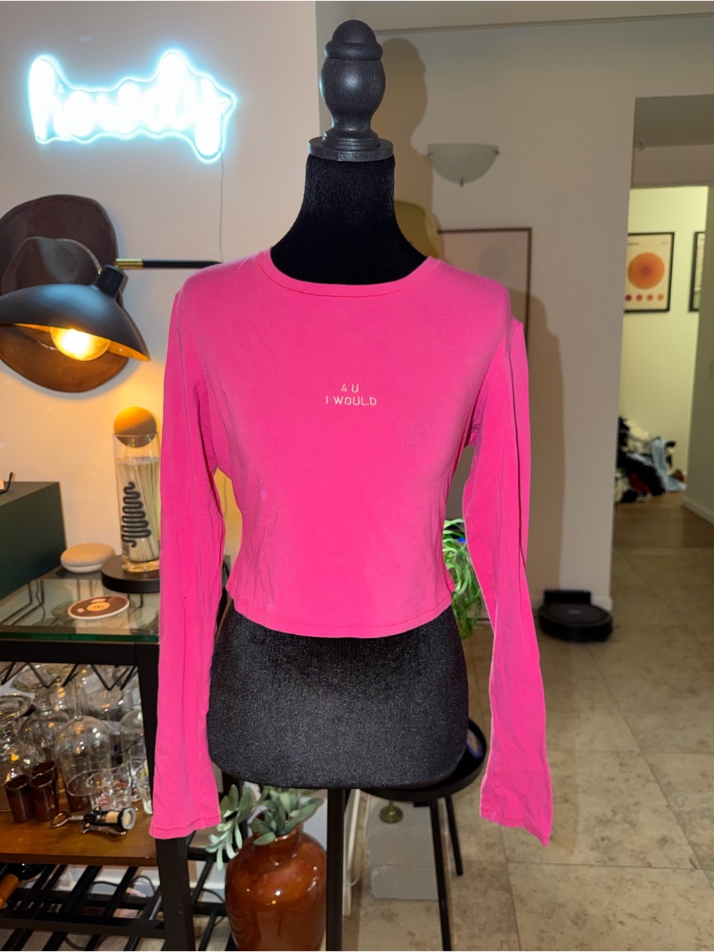 SKIMS Pink Long-Sleeve Crop Top - '4 U I WOULD' Graphic